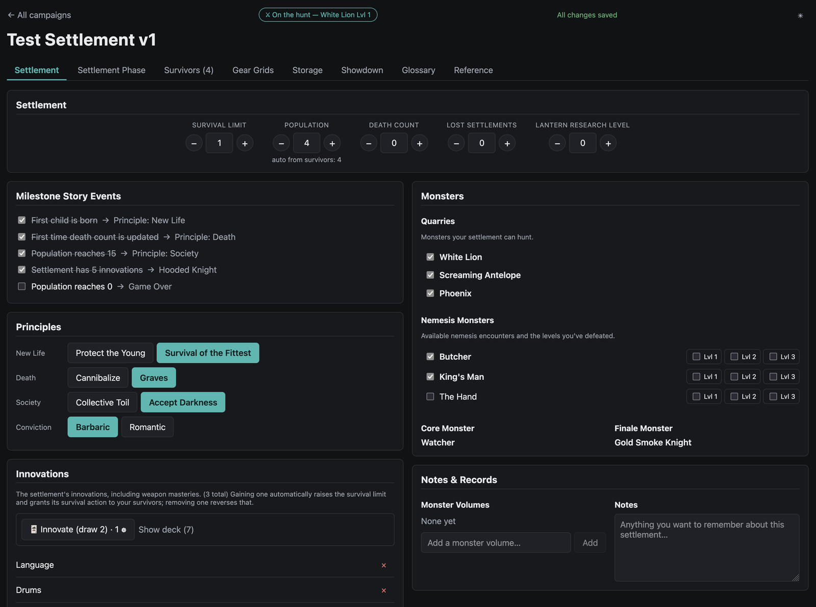 Settlement screen showing survival limit, population, milestone story events, principles, innovations, and the quarry and nemesis monster list
