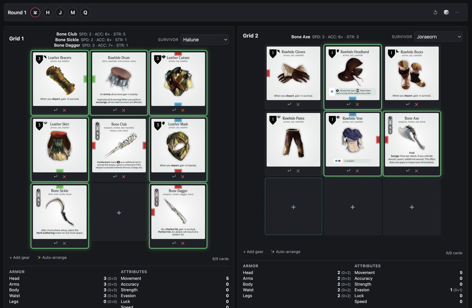 Two three-by-three gear grids for two survivors with equipped cards, colored affinity edges, and computed armor and attribute totals