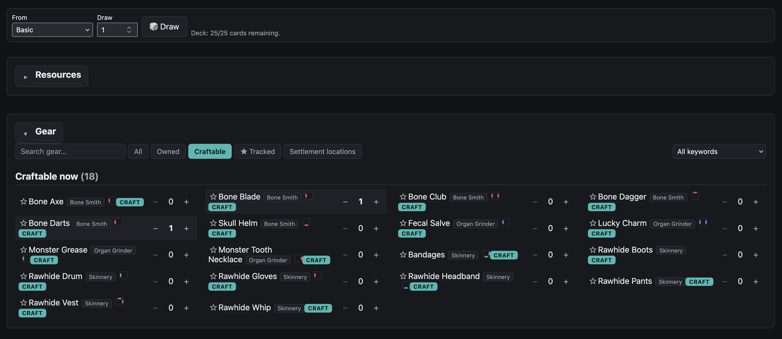 Gear catalog with the Craftable filter active, listing eighteen items that can be built right now from owned resources
